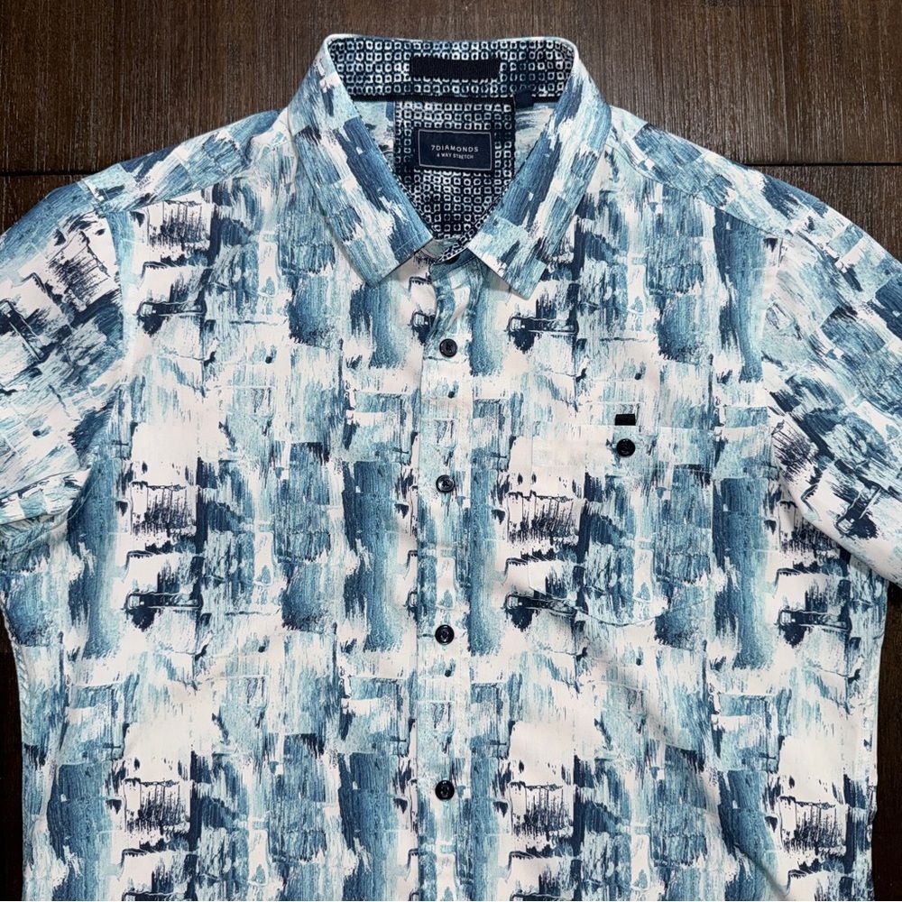 7 Diamonds Men’s Short Sleeve Button Down Shirt Blue Abstract Print Small